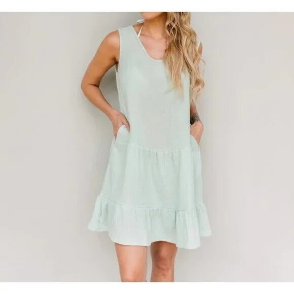 J. Valdi Other - J Valdi Cozumel Ruffle Dress Swim Cover Cotton Gauze Pockets Light Green L